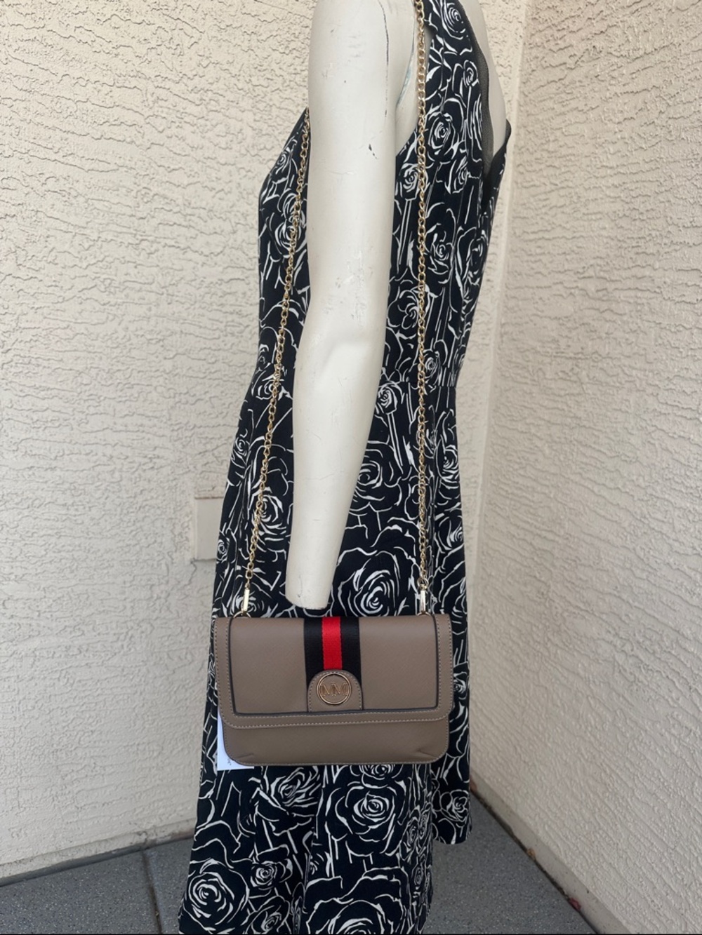 Marilyn Monroe Taupe Crossbody with Black & Red Center Stripe